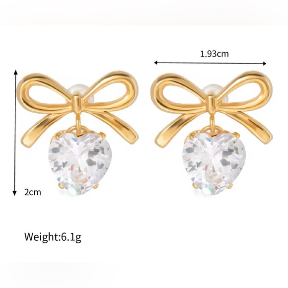 18 Gold  Plated Stainless Steel Bow Heart Earrings - Picture 5 of 5